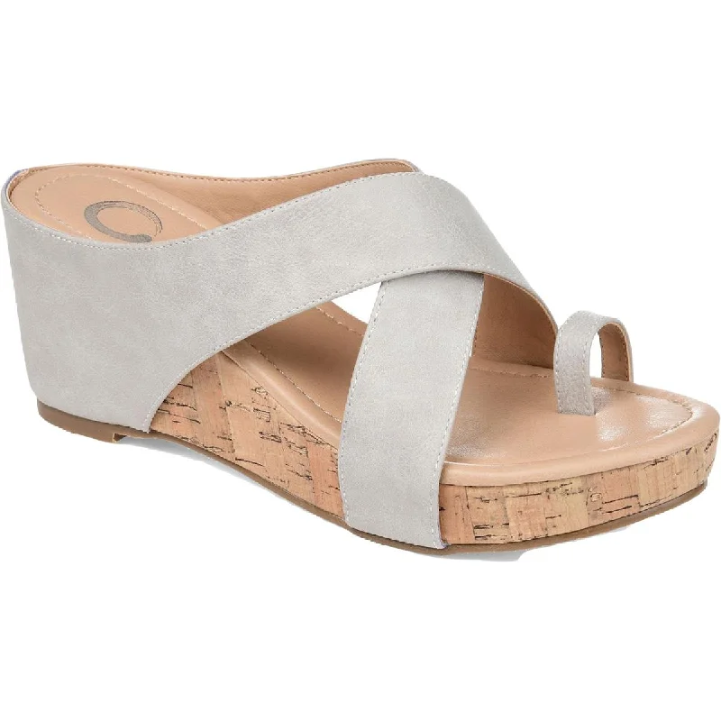 Journee Collection Womens Rayna Faux Leather Slip On Wedge Sandals