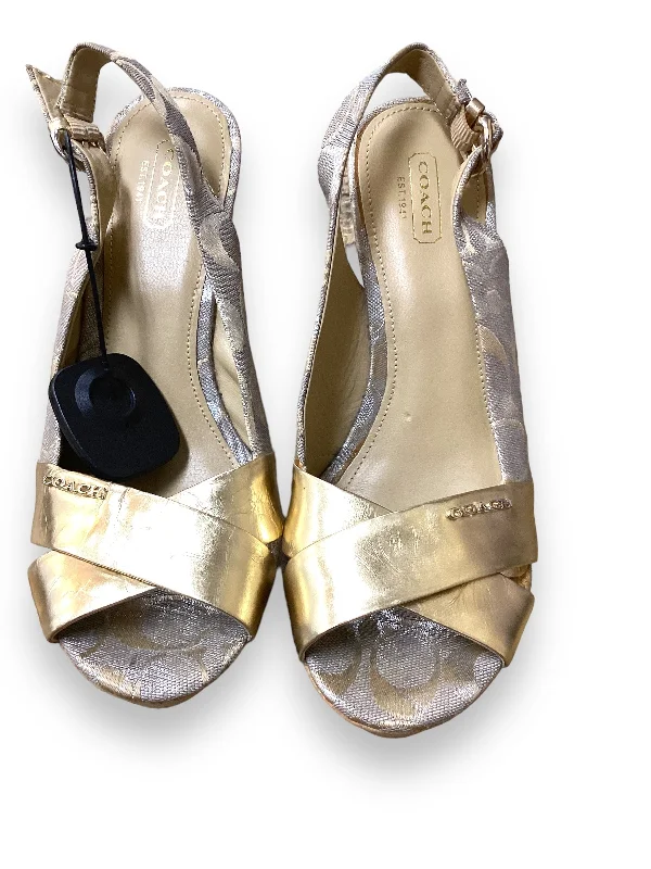 Gold & Silver Sandals Heels Wedge Coach, Size 8.5